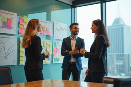 Groupe de professionnels discutant devant un mur d'idées ESG