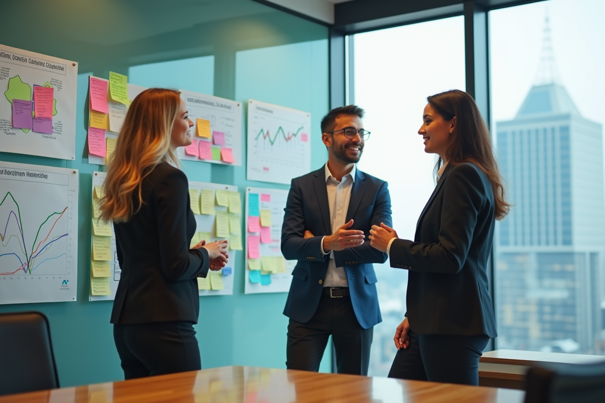 Groupe de professionnels discutant devant un mur d'idées ESG