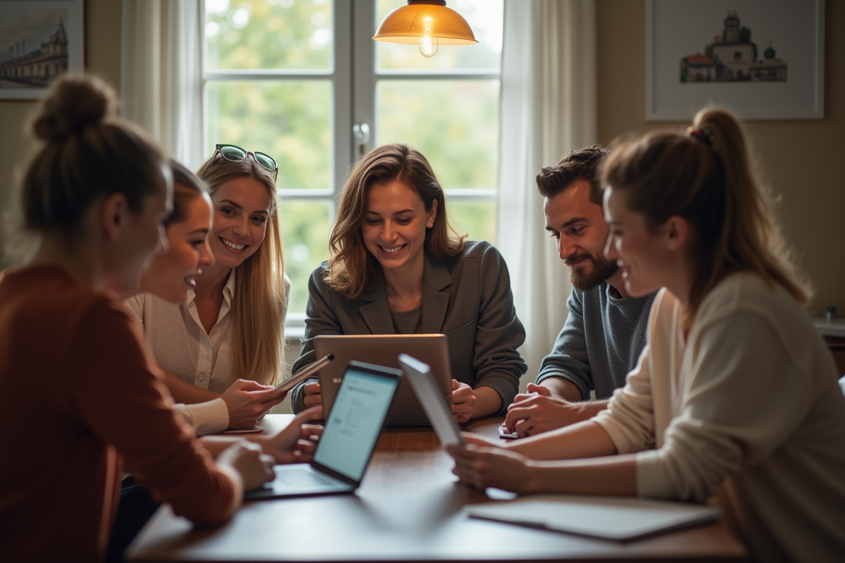 Groupe de personnes utilisant un portail en ligne dans un cadre convivial