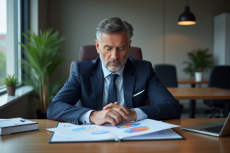 Homme d'affaires en costume bleu analyse des rapports financiers