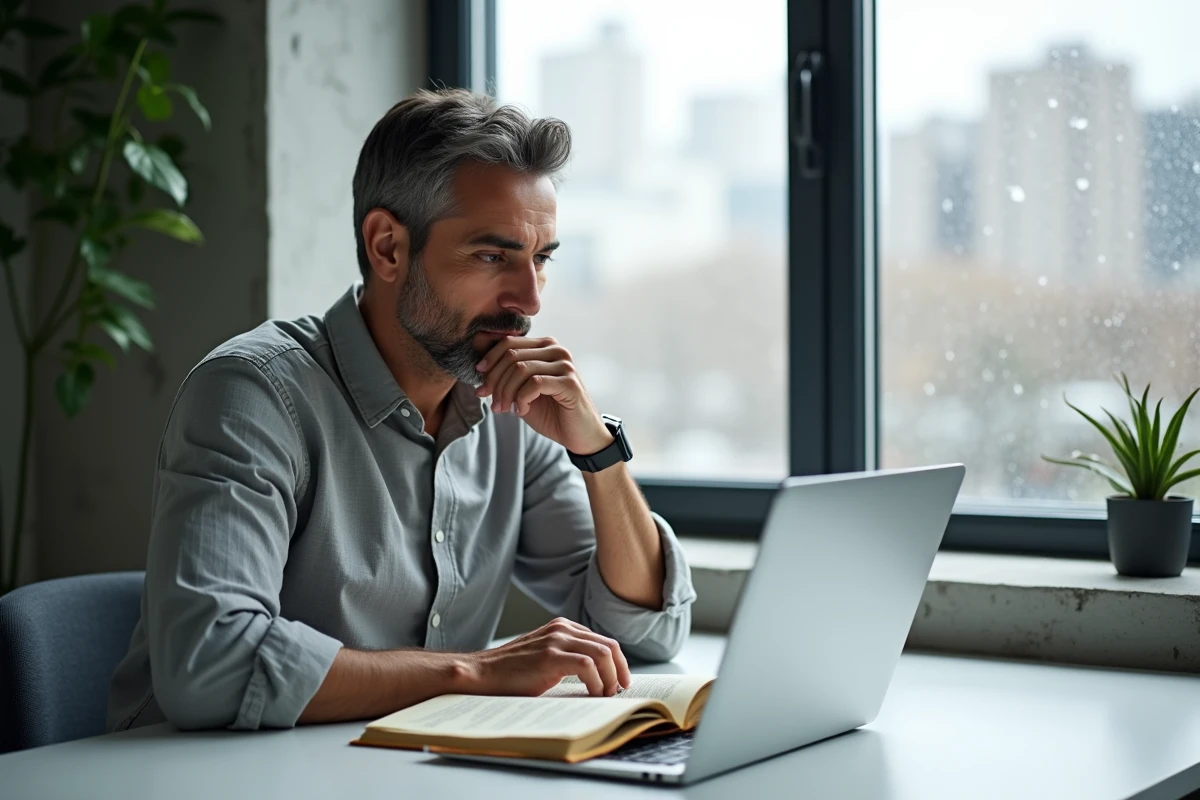 Homme concentré annotant un essai littéraire sur un bureau moderne avec vue sur la ville sous la pluie