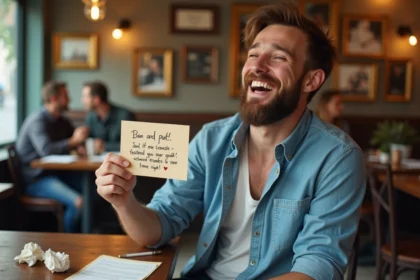 Homme souriant dans un bistrot français tenant une carte avec un jeu de mots écrit à la main, illustrant l'humour et les blagues