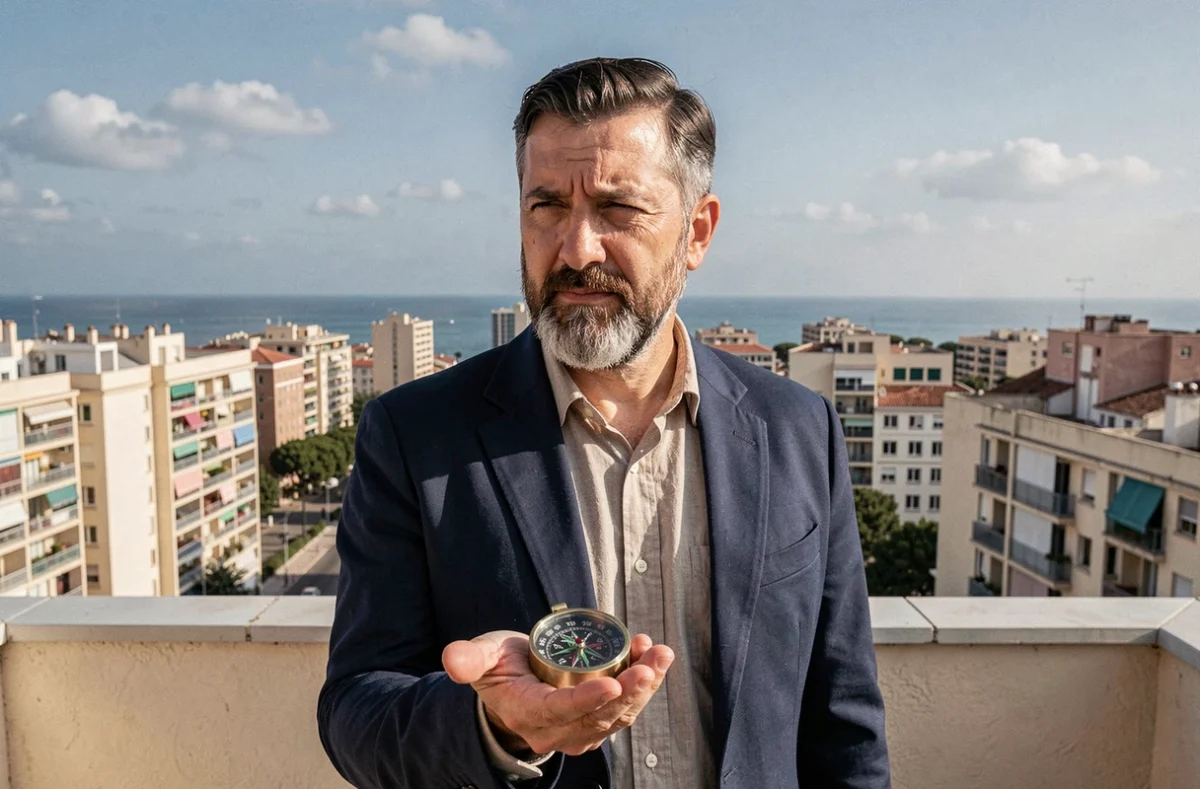 Homme tenant une boussole qibla sur une terrasse avec vue sur les toits de Marseille 13015