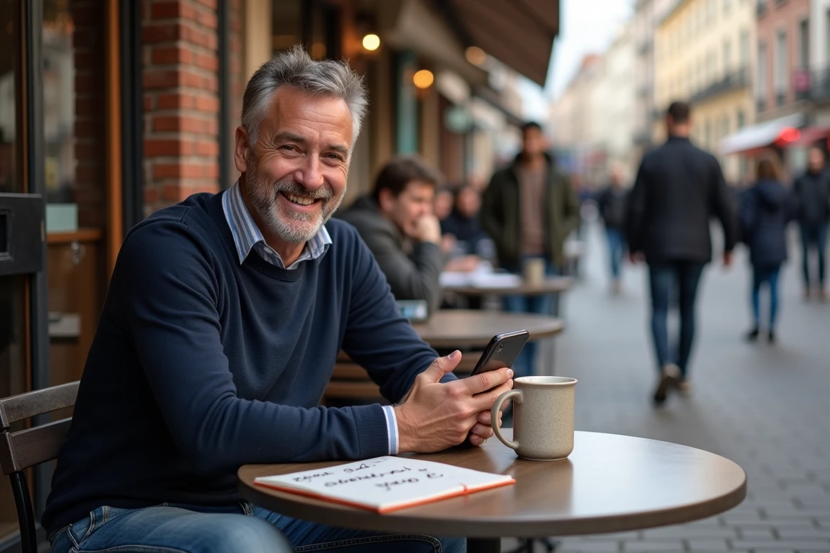 Homme souriant jouant à Cemantix dans un café en ville