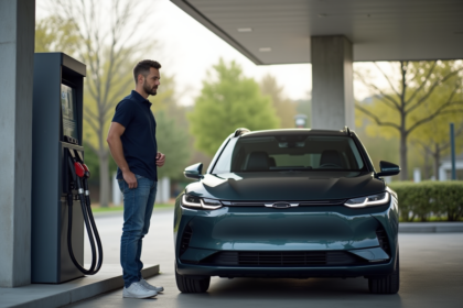 Homme vérifiant la pompe à une station essence moderne