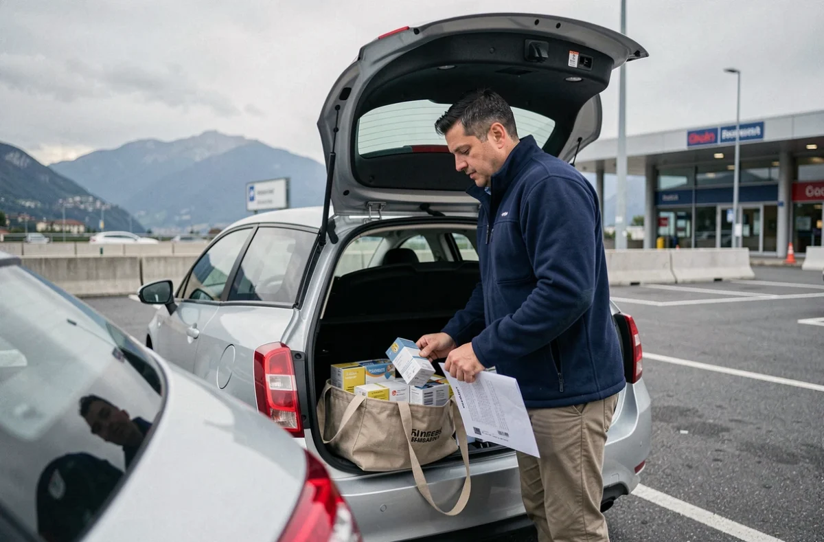Homme organisant des cartouches de cigarettes achetées en Andorre dans le coffre de sa voiture près de la frontière