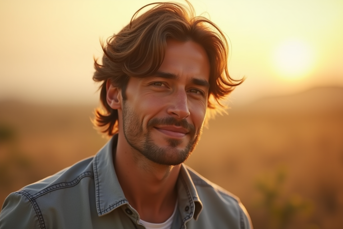 Homme confiant avec coupe mi-longue en plein air au soleil