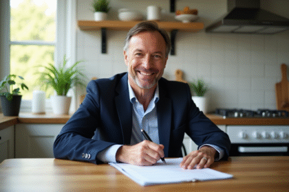 Homme souriant en blazer navy avec documents immobiliers