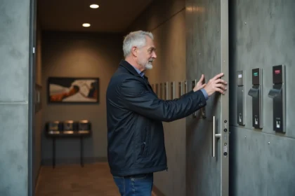 Homme vérifiant la sécurité d'une porte blindée moderne