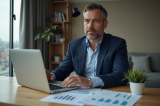 Homme d'affaires en costume bleu étudie des graphiques financiers