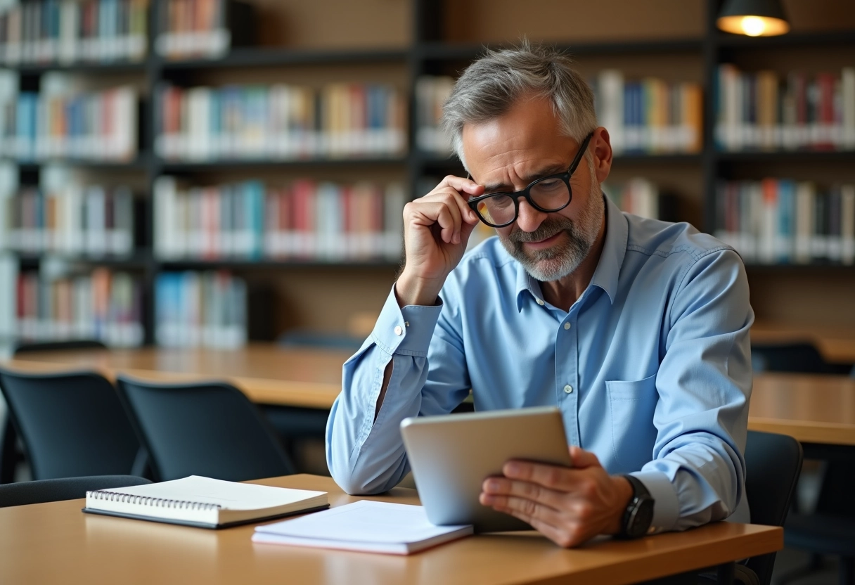 Homme lisant des suggestions de grammaire dans une bibliothèque