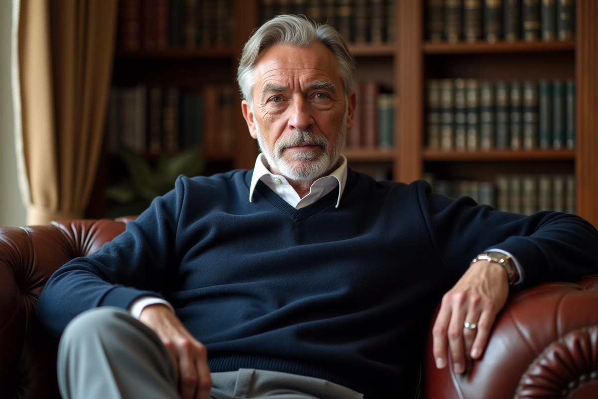 Homme mature en pull en cachemire dans une bibliothèque lumineuse