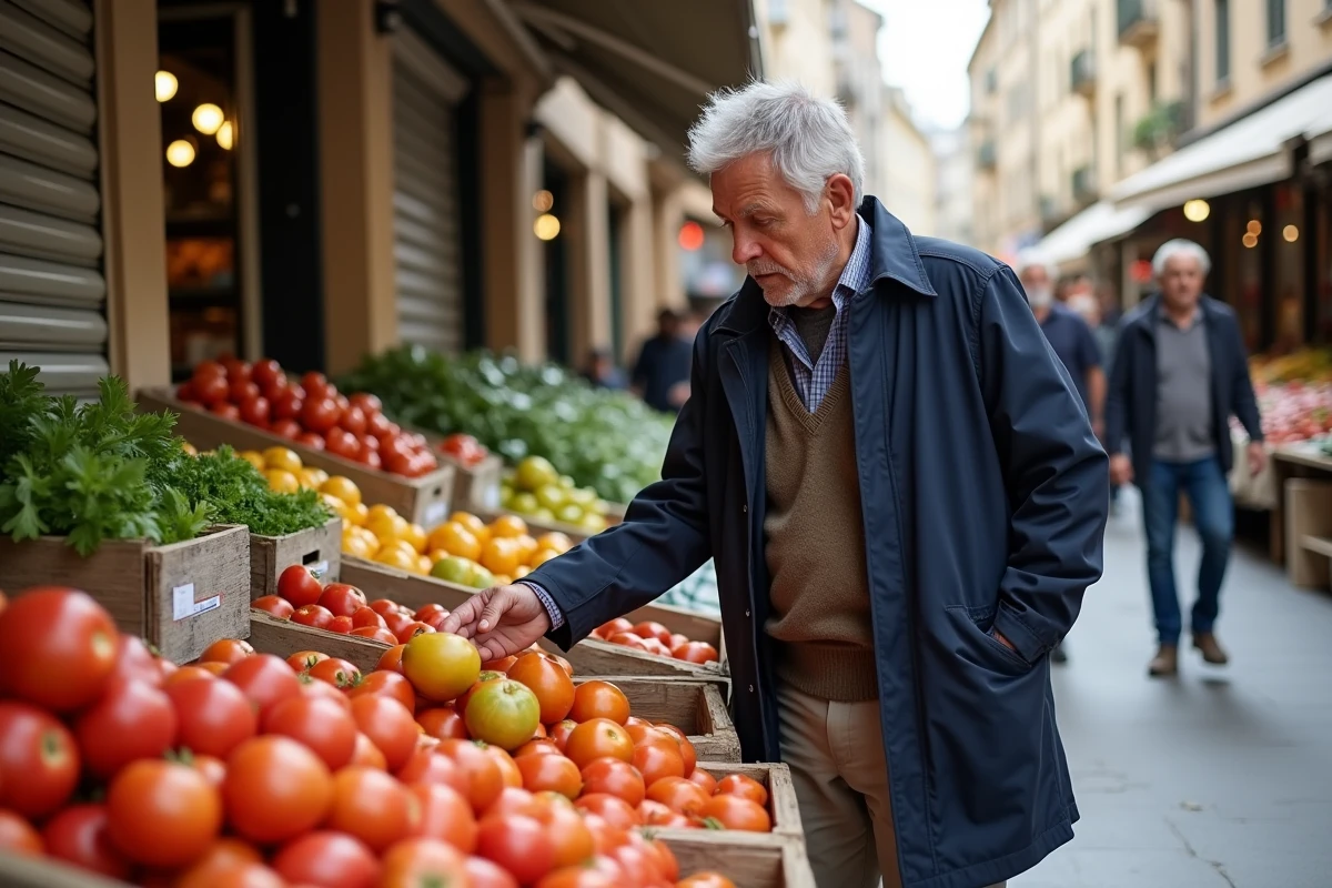 Homme sélectionnant des légumes frais au marché de Montpellier
