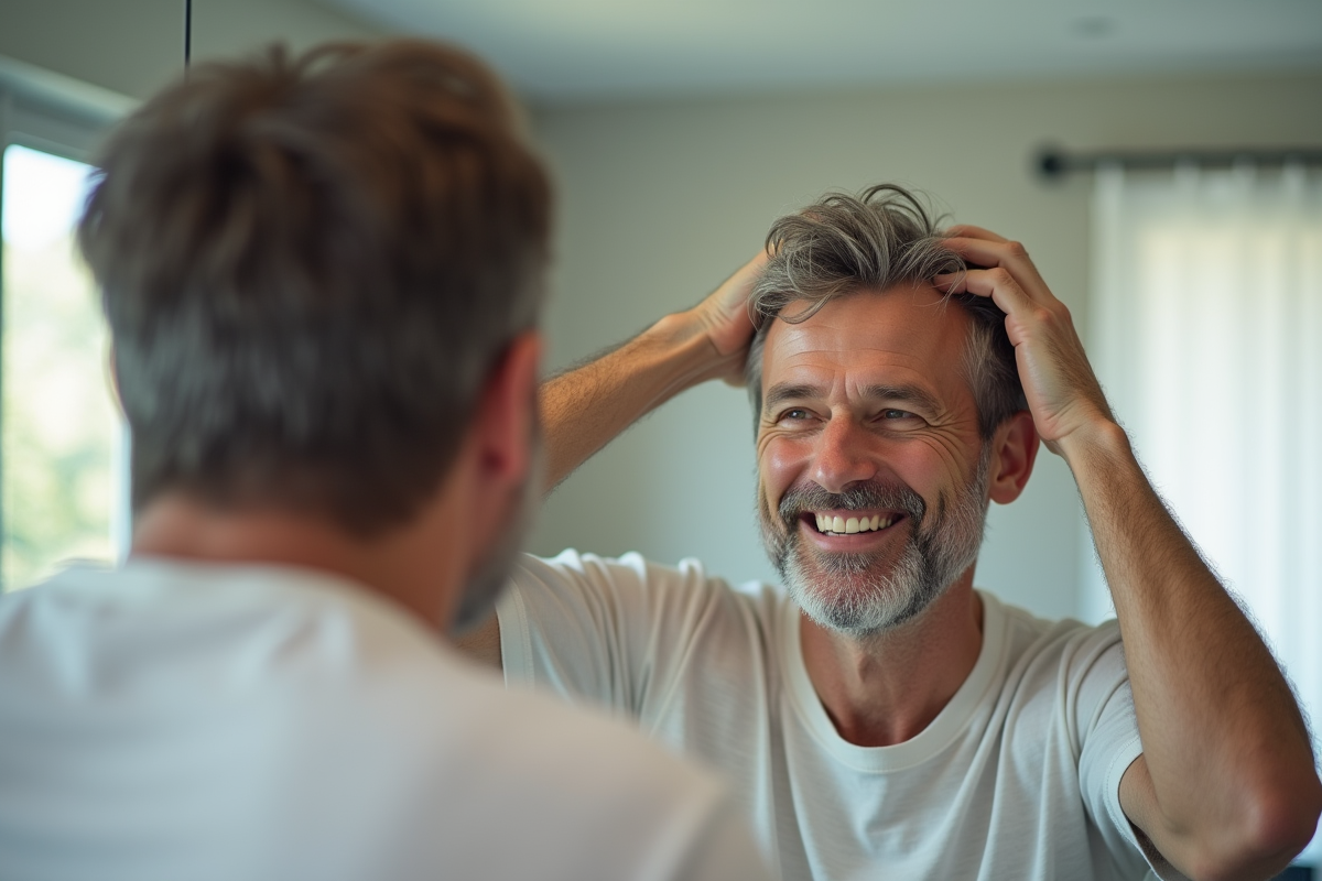 Homme souriant se regardant dans le miroir pour montrer sa progression capillaire