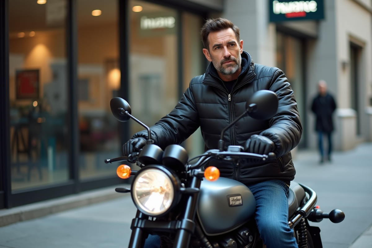 Homme en moto dans une ville en réflexion