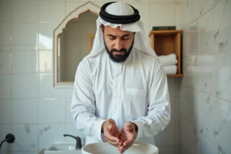 Homme musulman effectuant l'ablution rituelle des mains dans une salle de bain, illustrant les étapes de la petite ablution