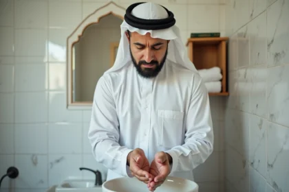 Homme musulman effectuant l'ablution rituelle des mains dans une salle de bain, illustrant les étapes de la petite ablution