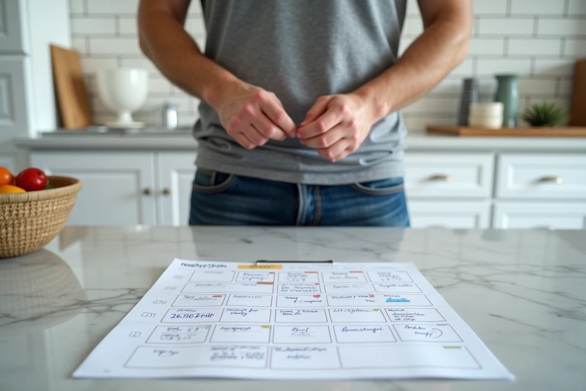 Homme consultant un planning mensuel imprimé 2026 posé sur un comptoir de cuisine