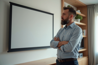 Homme d'âge moyen à côté d'un écran fixe dans un salon moderne