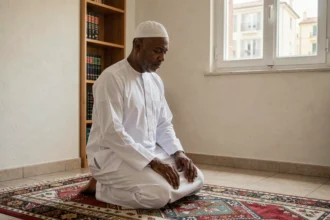 Homme en tenue traditionnelle priant sur un tapis de prière dans un appartement de Marseille