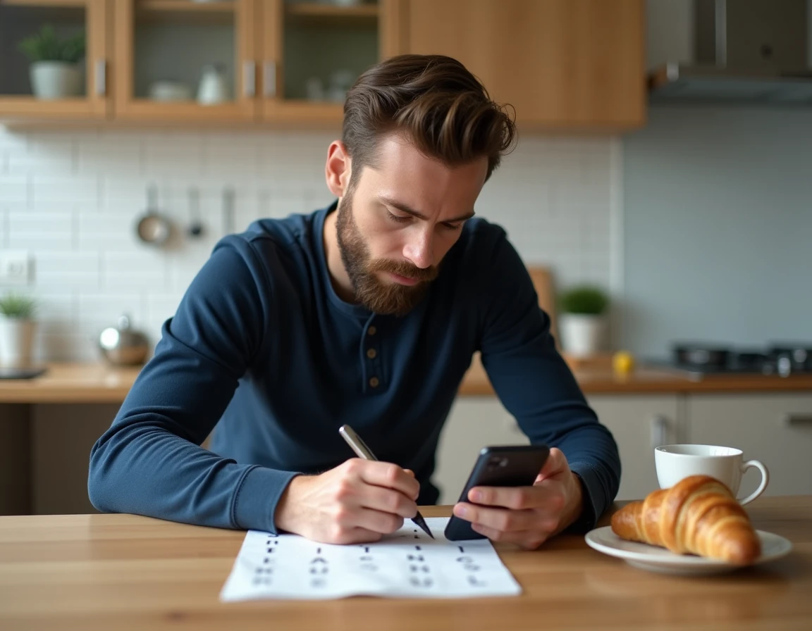 Homme barbu résolvant un puzzle de lettres Sutom sur smartphone à une table de cuisine moderne