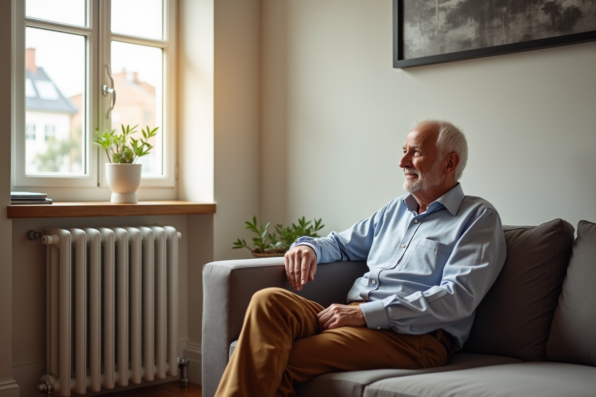 Homme âgé regardant un radiateur inertia dans un bureau ensoleille
