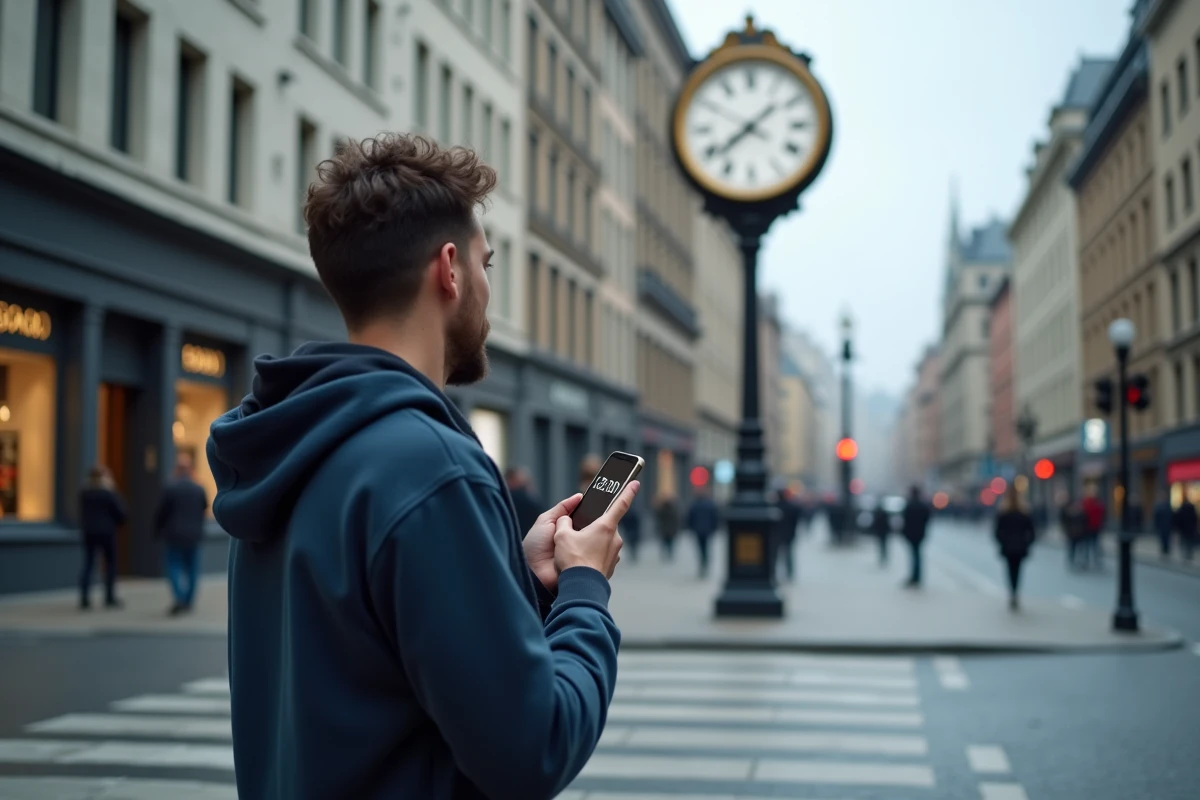 Homme en ville consultant son téléphone affichant 12 PM devant une horloge publique urbaine