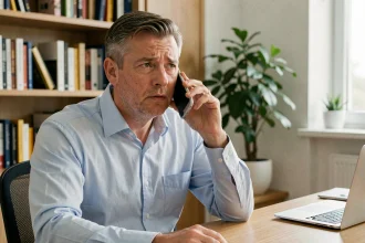 Homme d'affaires tenant un smartphone et consultant un numéro de téléphone commençant par 03 77 dans son bureau à domicile