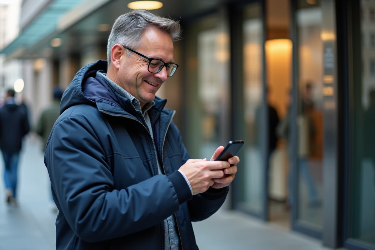 Homme lisant un message de confirmation en extérieur