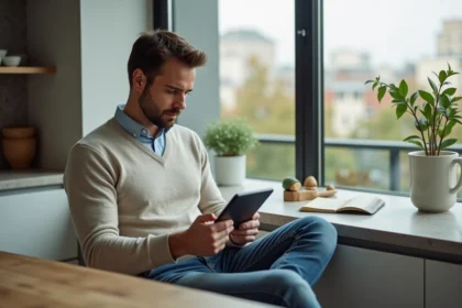 Homme en sweater et jeans utilisant une tablette dans une cuisine moderne