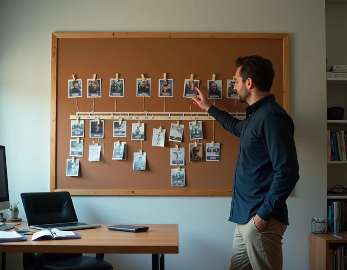Homme analysant un tableau de liège avec la frise chronologique de l'univers Marvel organisée par cartes et fils dans un bureau