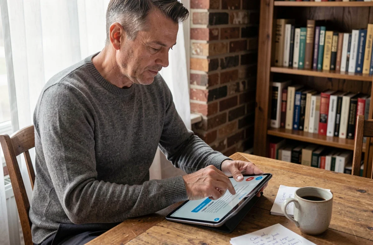 Homme utilisant une tablette pour planifier ses visites de braderies grâce à l'application dabradou, assis dans un appartement cosy avec une tasse de café