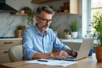 Homme d'âge moyen travaillant à la maison avec documents financiers