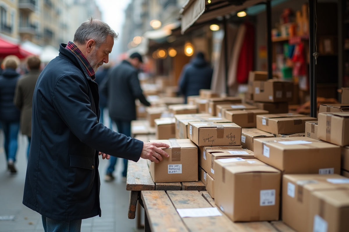 Homme trie des colis dans un marché aux puces en plein air