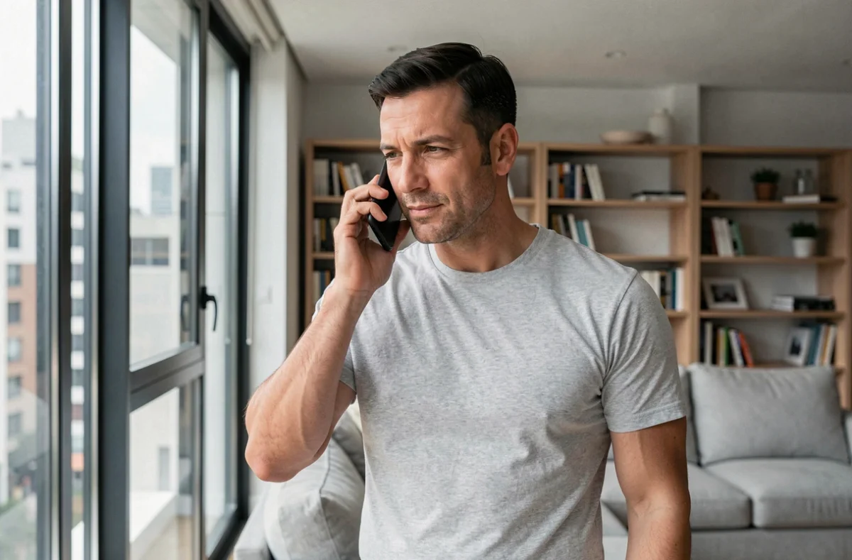 Homme vérifiant l'activation de son numéro Lebara en appelant depuis son appartement