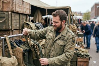 Homme en veste militaire surplus explorant un marché aux puces spécialisé en équipements militaires vintage