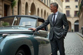 Homme en costume gris près d'une voiture vintage en Europe