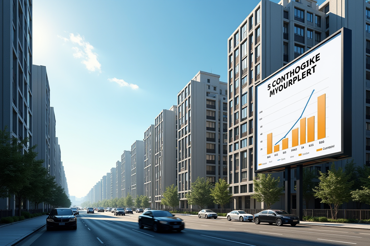 Gratte-ciel avec panneau de taux hypothécaire en ville ensoleillée