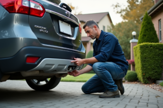 Homme installant une camera de recul sur une SUV dans une allée