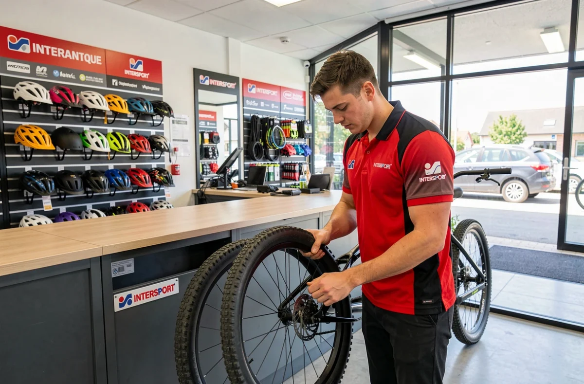 Technicien Intersport montant une chambre à air sur un vélo de montagne dans un atelier de Loire-Atlantique