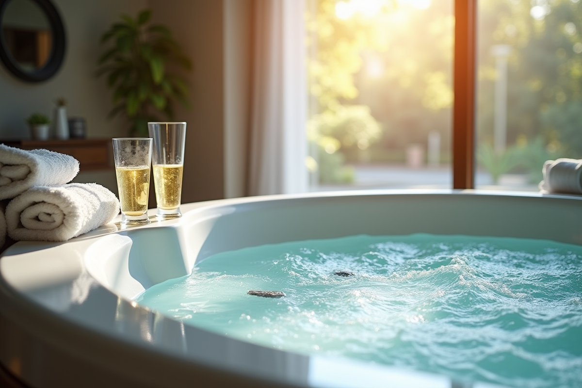 Jacuzzi intérieur avec lumière naturelle et serviettes douces