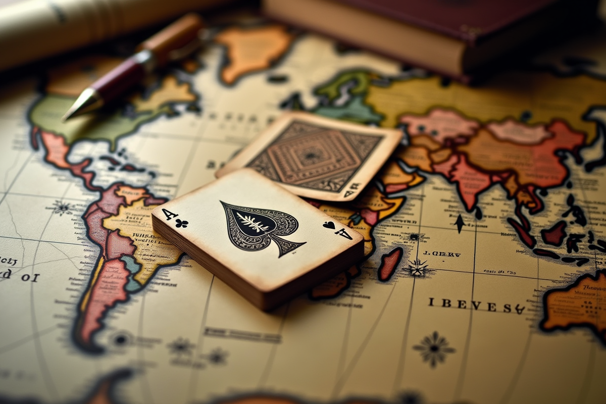 Cartes anciennes étalées sur une carte du monde vintage