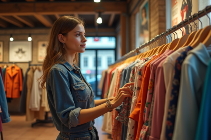 Jeune femme à la mode dans une boutique parisienne