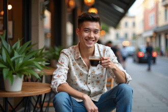 Jeune femme souriante en terrasse de café en ville