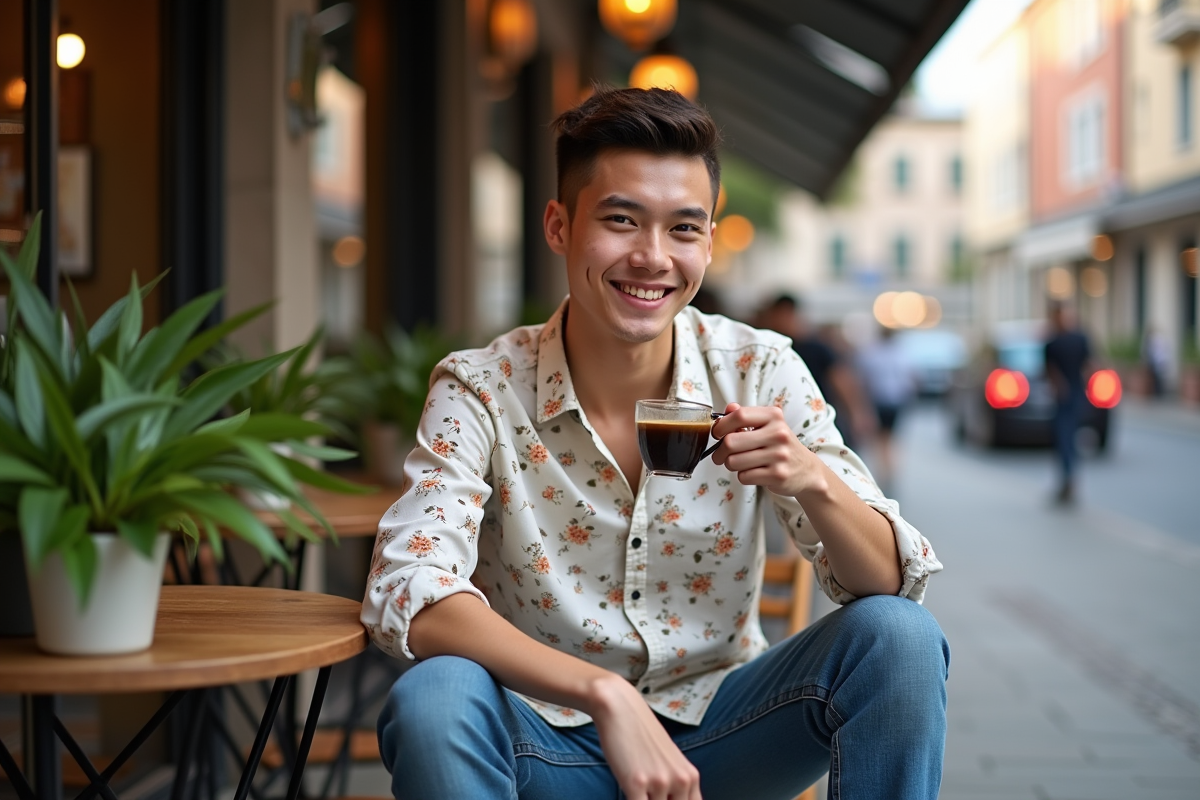 Jeune femme souriante en terrasse de café en ville