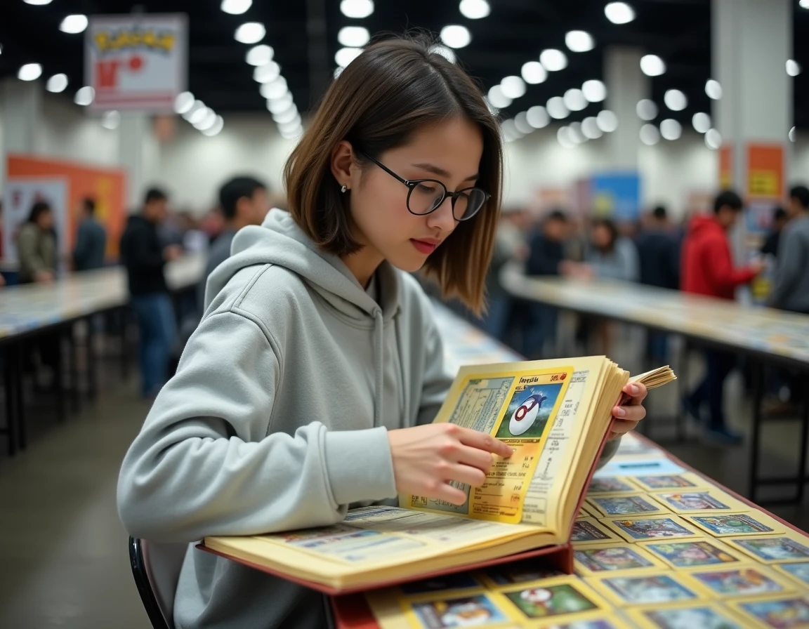 Jeune femme collectionnant des cartes Pokémon rares dans un binder lors d'une convention de jeux de cartes