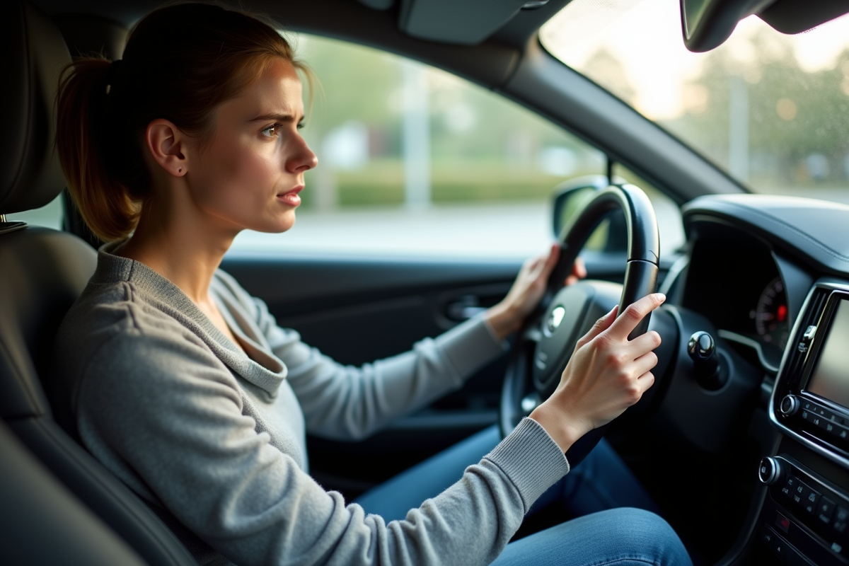 Jeune femme au volant montrant une expression préoccupée