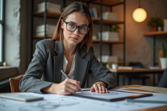 Jeune femme professionnelle dessinant sur une tablette dans un studio créatif