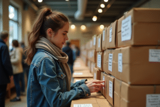 Jeune femme examine des colis lors d'une vente aux enchères