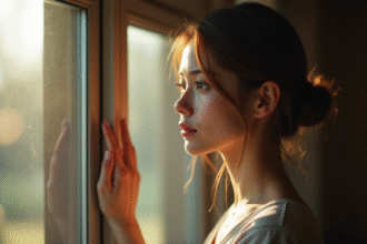 Jeune femme près d'une fenêtre avec lumière douce naturelle